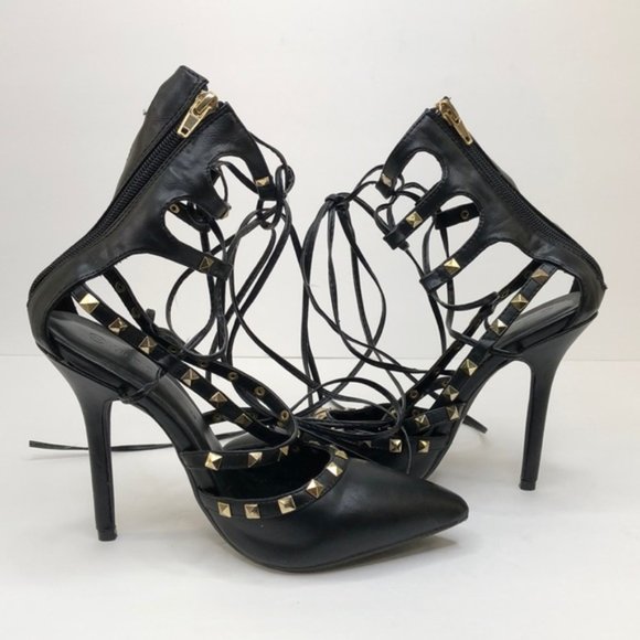 Wild Diva Black Gold Studded Leg Wrap Heels, 7 - Picture 6 of 10